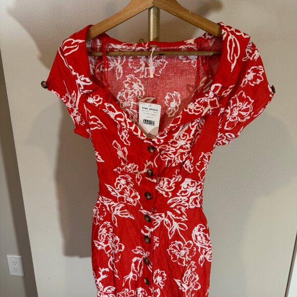 Free People A Thing Called Love Linen Floral Midi Dress in Red Womens 4 - *NWT!* - Picture 5 of 12